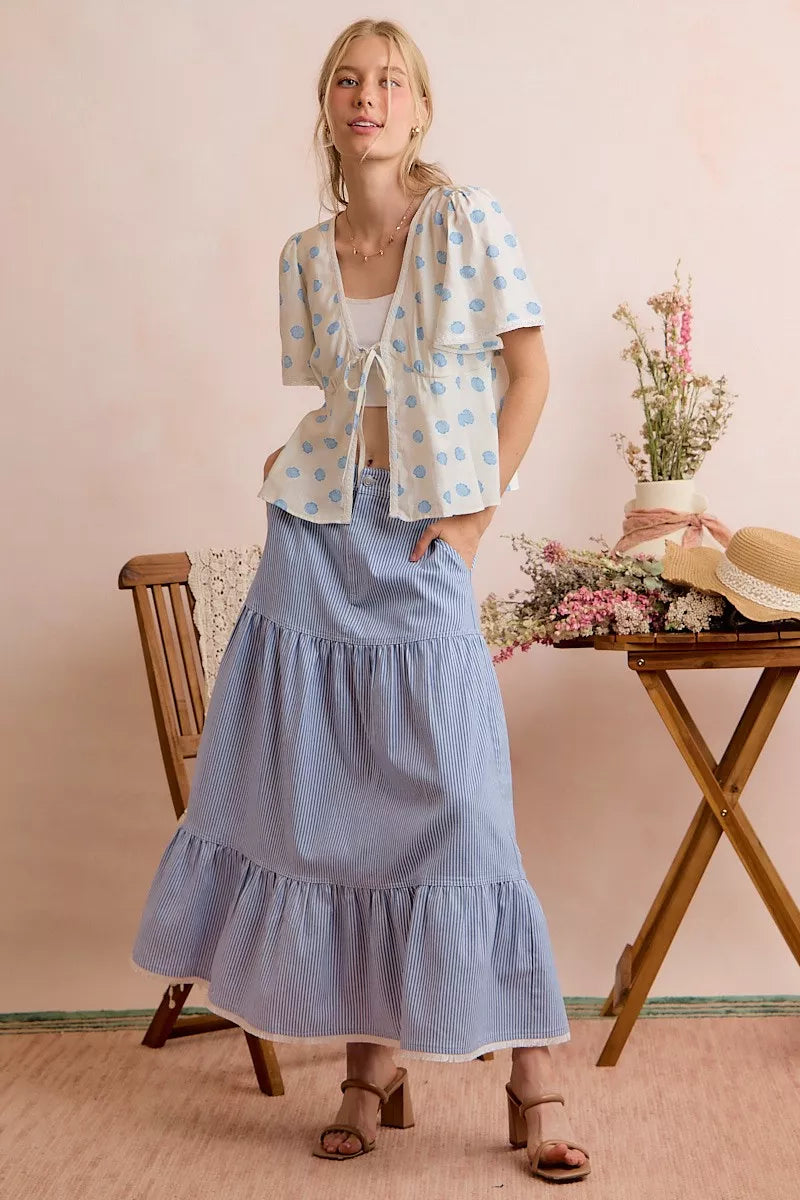 SO ME Shell Print Tie Front Flutter Sleeves Blouse Top