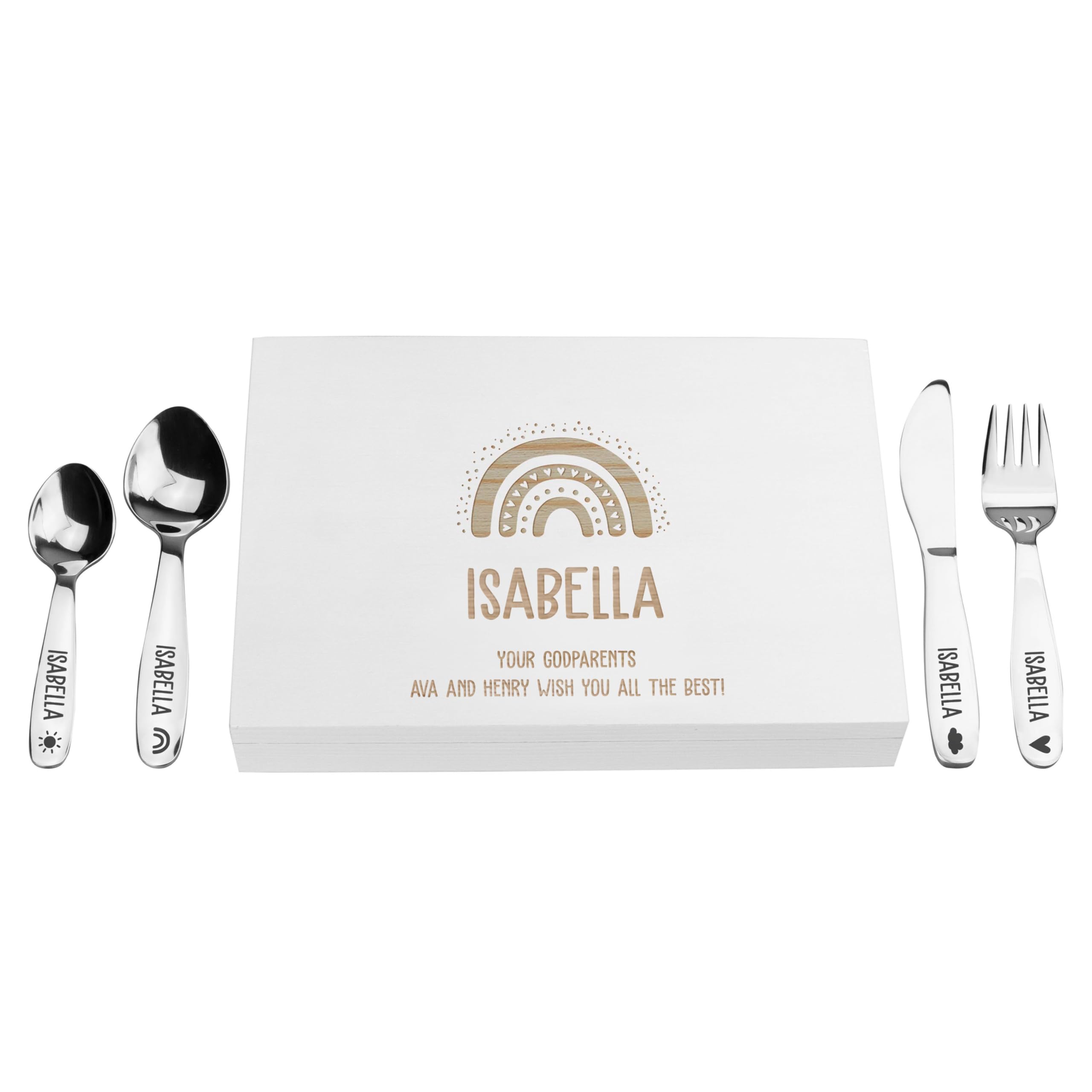 LAUBLUST Personalized Flatware Utensils Set - Rainbow - Engraved with Name | New Born Baby & Toddler Gift - White Wooden Box & Spoons and Forks Stainless-Steel 4 pcs. Set | Made & Shipped from Germany