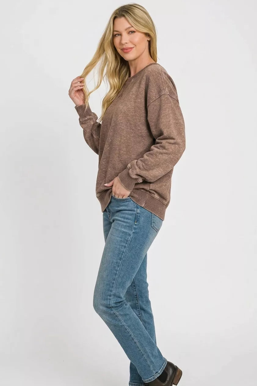 Zenana Fleece Acid Enzyme Washed Round Neck Sweatshirts
