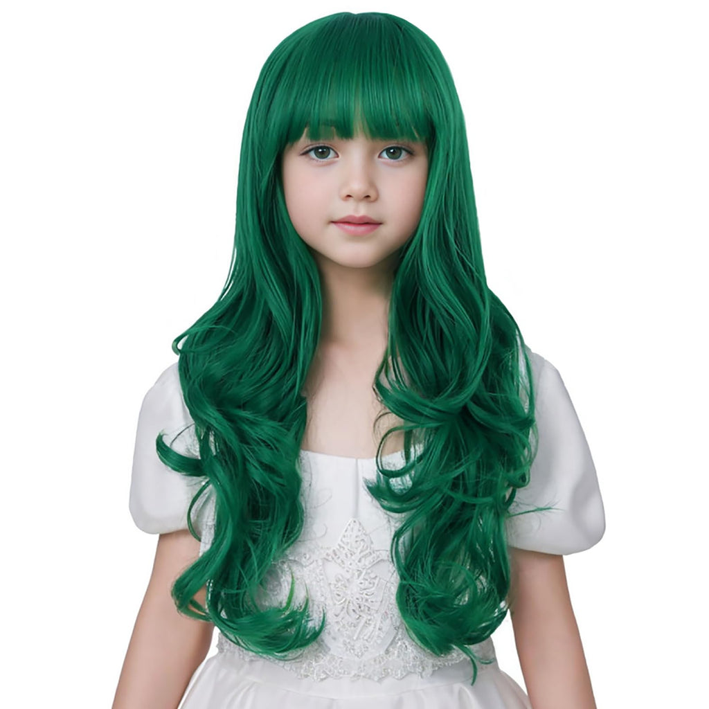 Edivd Kids Dark Green Wig Long Green Wig with Flat Bangs for Child Long Dark Green Wavy Curly Wig for Girls Heat Resistant Synthetic Wig with Wig Cap