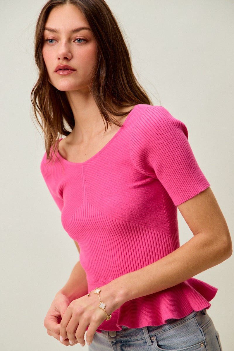 SO ME Ribbed Knit Short Sleeves Peplum Sweater Top