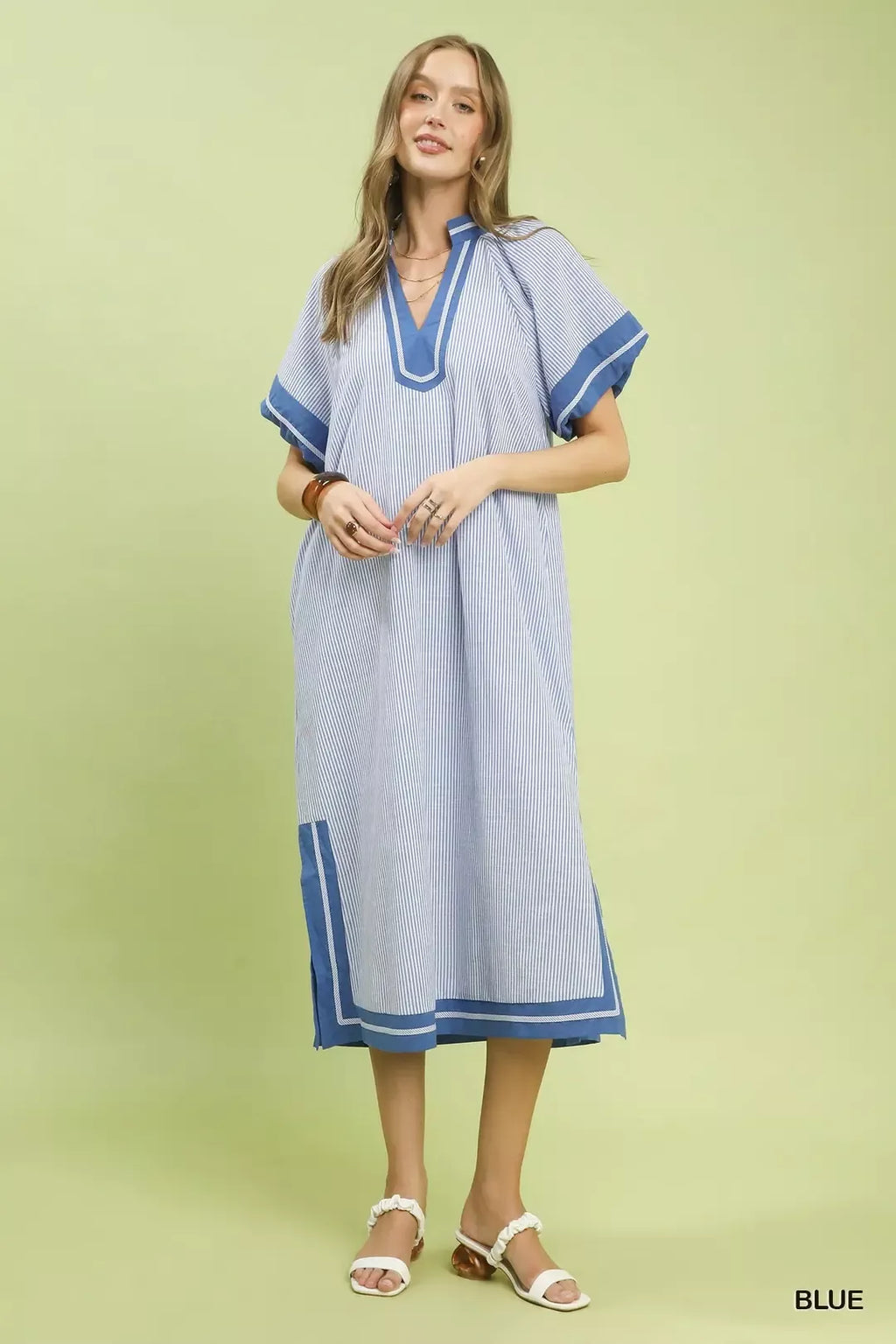 Umgee Pinstripe Contrast Trim Midi Dress