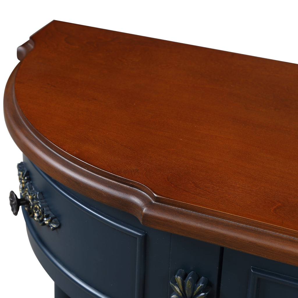 Retro Curved Wood Console Table, 52 inch Circular Half Moon Sofa Table with Open Shelf and 2 Drawers, Solid Wood Entry Table for Living Room, Hallway, Navy Blue + Brown Top