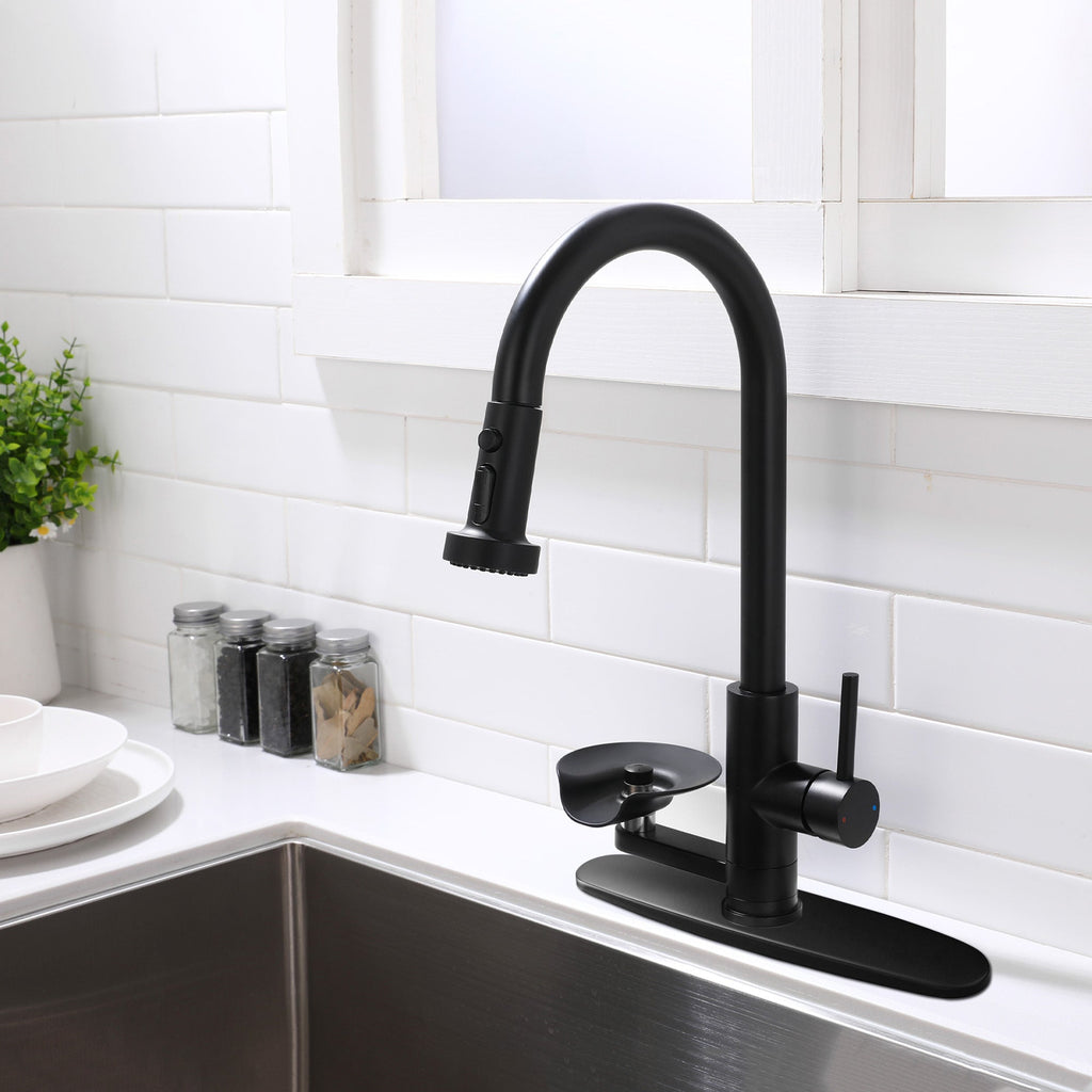 3-in-1 High-Arc Kitchen Faucet with Press-Type Glass Rinser, Pull-Down Sprayer, Matte Black Finish, Stainless Steel & ABS Construction, for Modern Sink