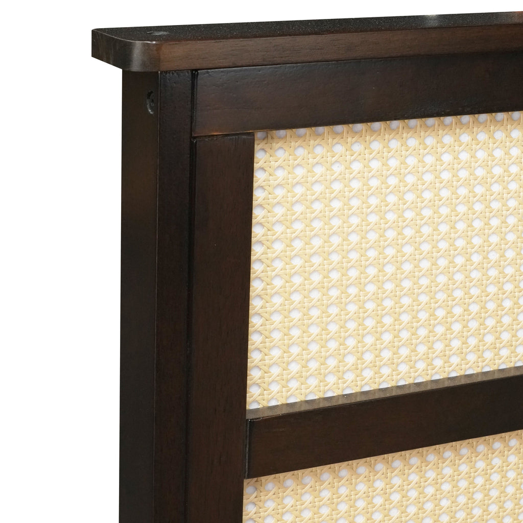 King Size Bed with Rattan Headboard, Two Storage Drawers, Rubber Wood Bed with Enhanced  Support Salts and Feet,Espresso