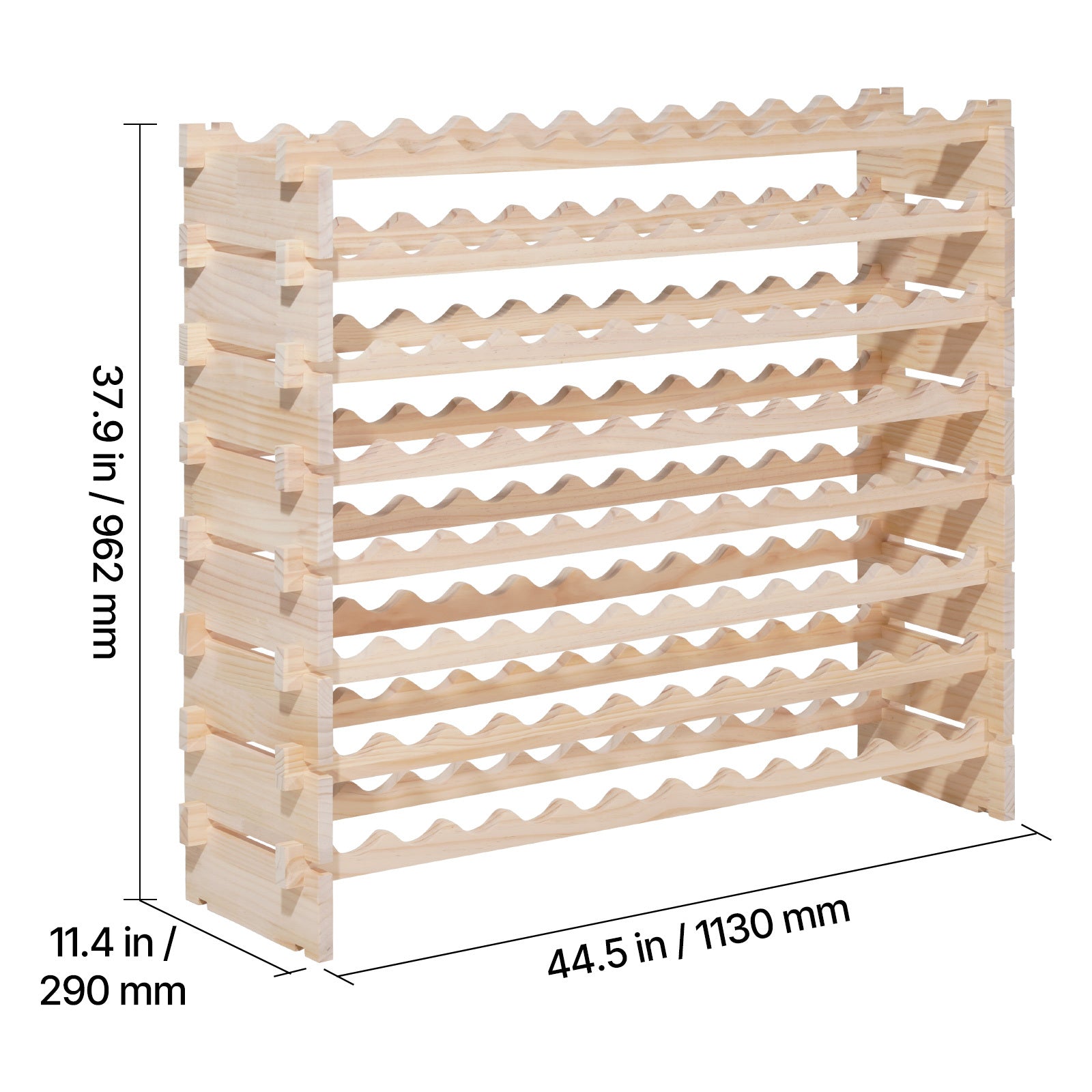 96 Bottle Stackable Modular Wine Rack, 8-Tier Wine Bottle Holder,Solid Wood Floor Freestanding Wine Storage Rack For Pinot Noir bottles,For Kitchen, Cellar, and Bar, Natural