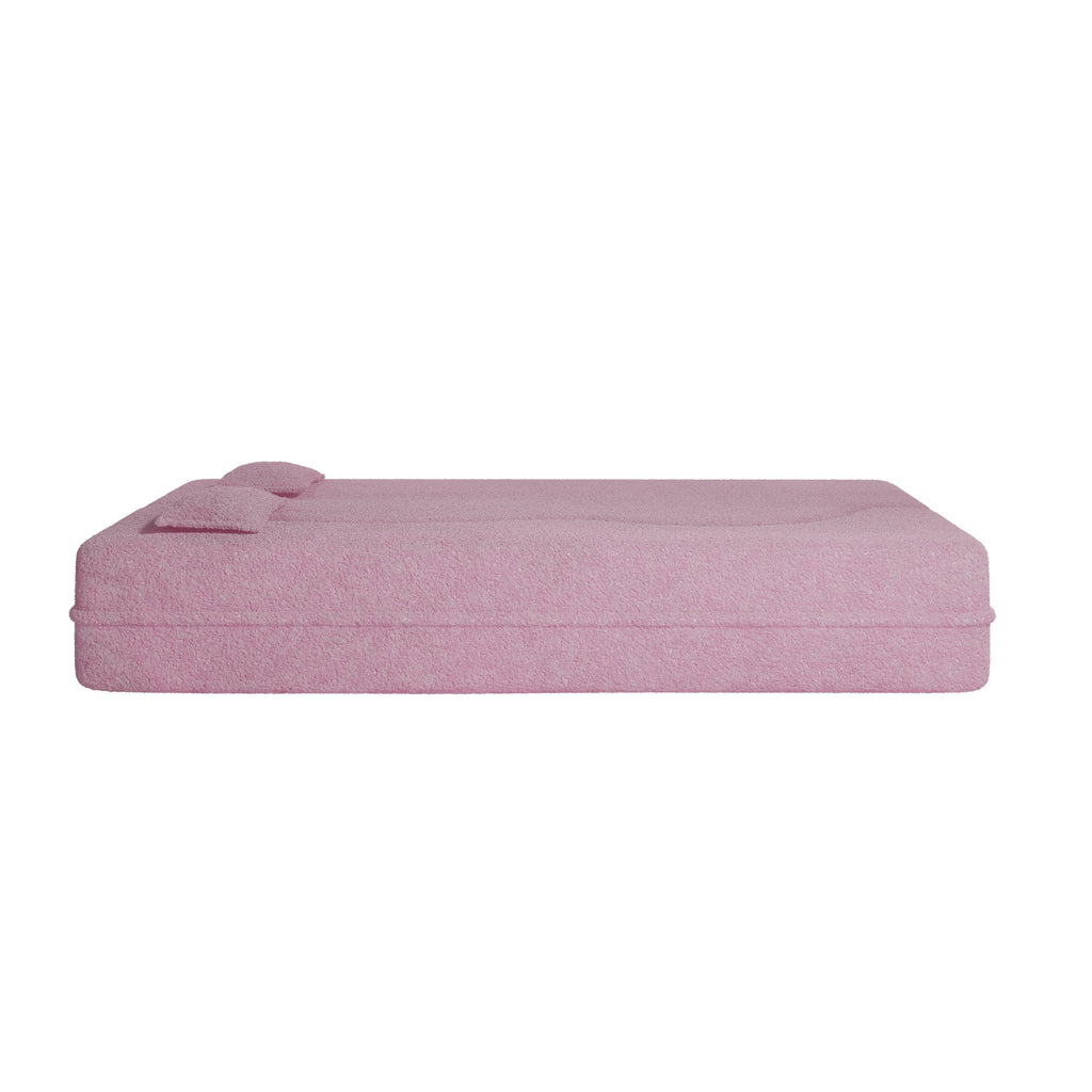 Modern Floor Sofa with 2 Pillows,Convertible Teddy Fabric Foam Filled Sleeper Sofa Bed,15 ' Full Size Folding Mattress for Living Room,Guest Bed,Playroom,No Assembly Required,Pink