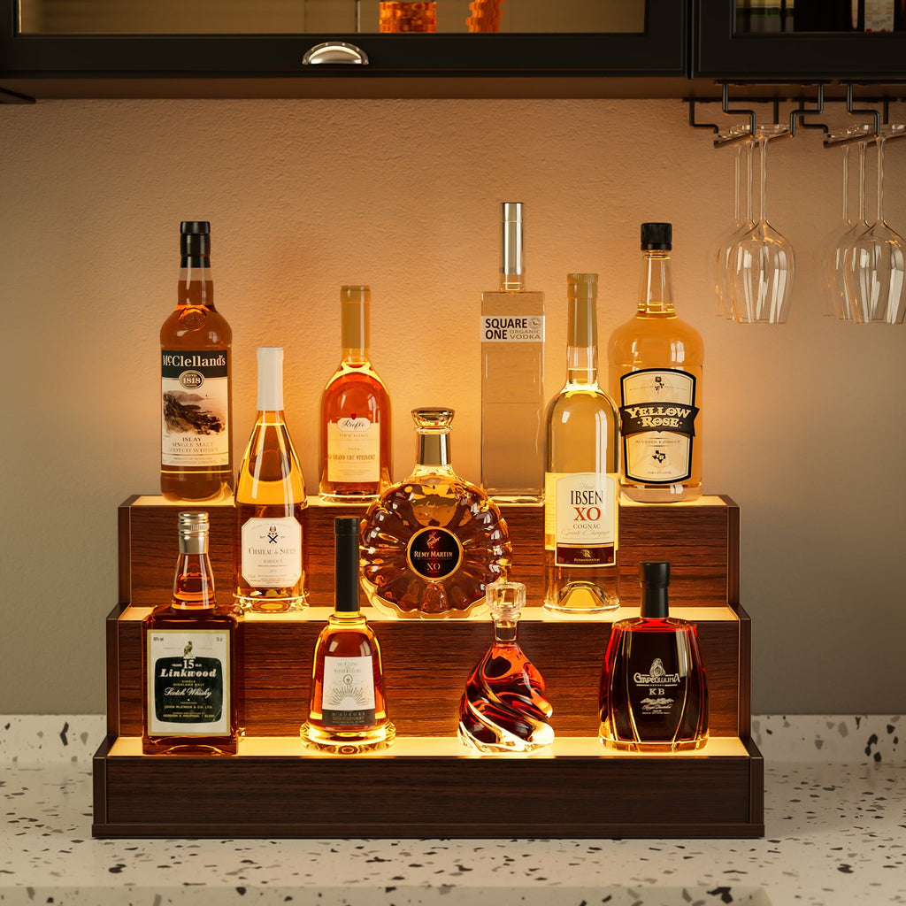 LED Lighted Liquor Bottle Display Shelf, 24 Inch Bar Display Shelf, DIY Illuminated Bottle Shelf with App & Remote Control, 3 Step Freestanding Holding Bottles for Home Bar, Party, Walnut