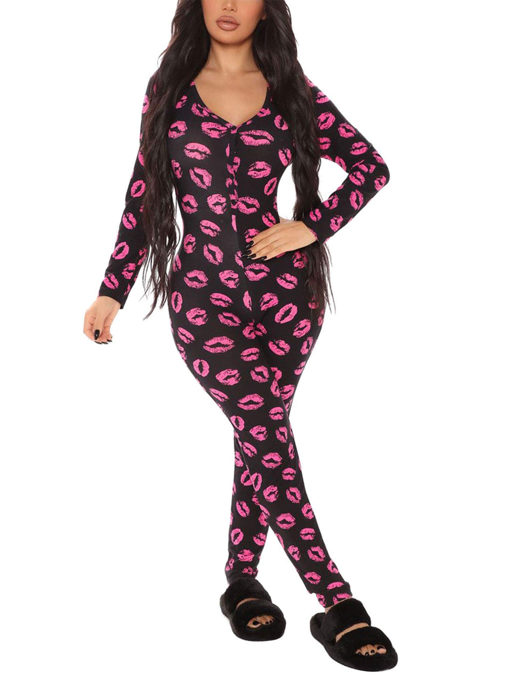 Springcmy Women Valentines Day V Neck Long Sleeve Jumpsuit Bodycon One Piece Pajamas Bodysuit Romper Sleepwear Loungewear