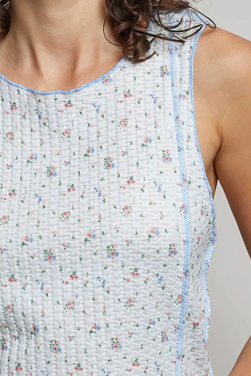 POL Seam detail Floral Round Neck Ribbed Tank