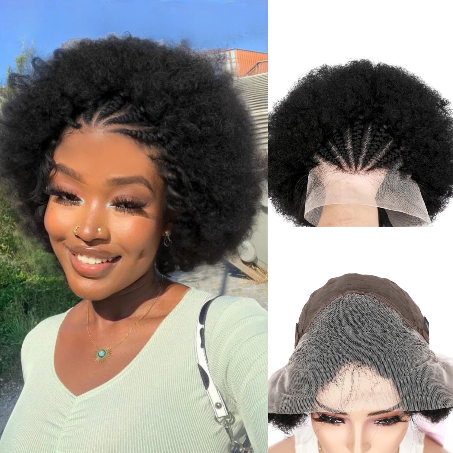 Quick Wig Braided Wigs for Black Women Short Afro Puff Wig 13x4 Lace Front Braids Wig with Baby Hair Pre Braided Cornrow Wig Glueless Afro Curly Wigs Synthetic Braided Wig 1B Color