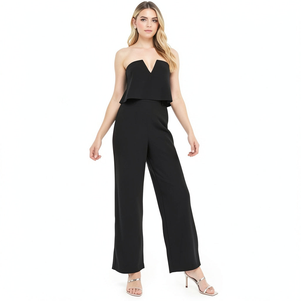 Bebe Women Black Scuba Crepe Strapless Jumpsuit V Notch, Size XS