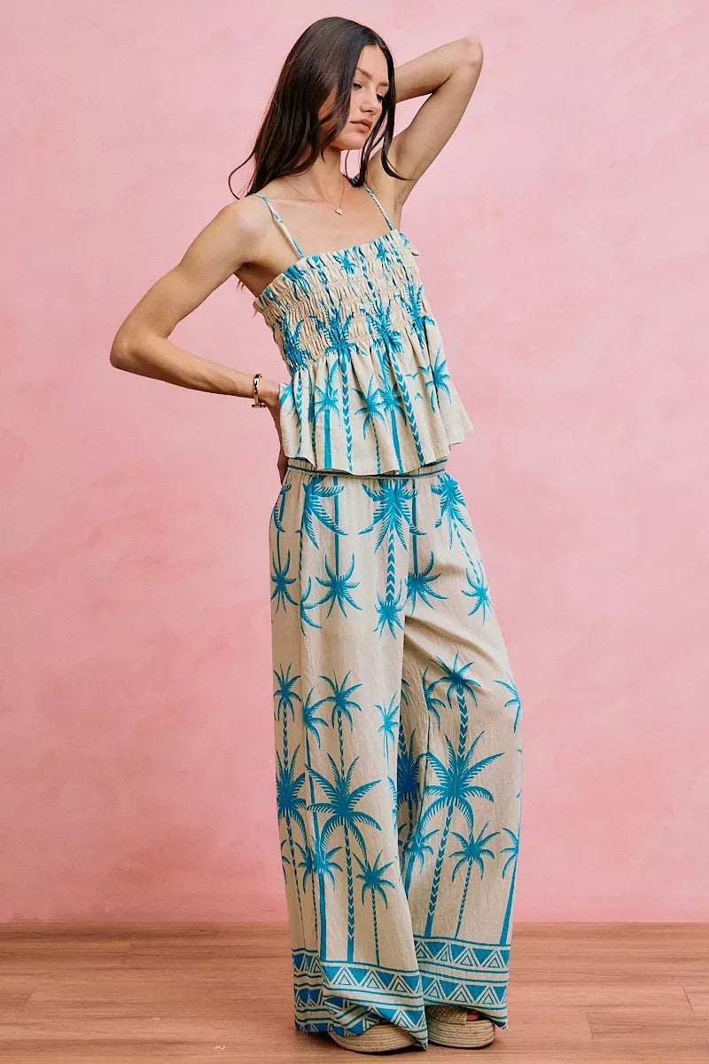 SO ME Palm Tree Smocked Bodice Adjustable Cami Top