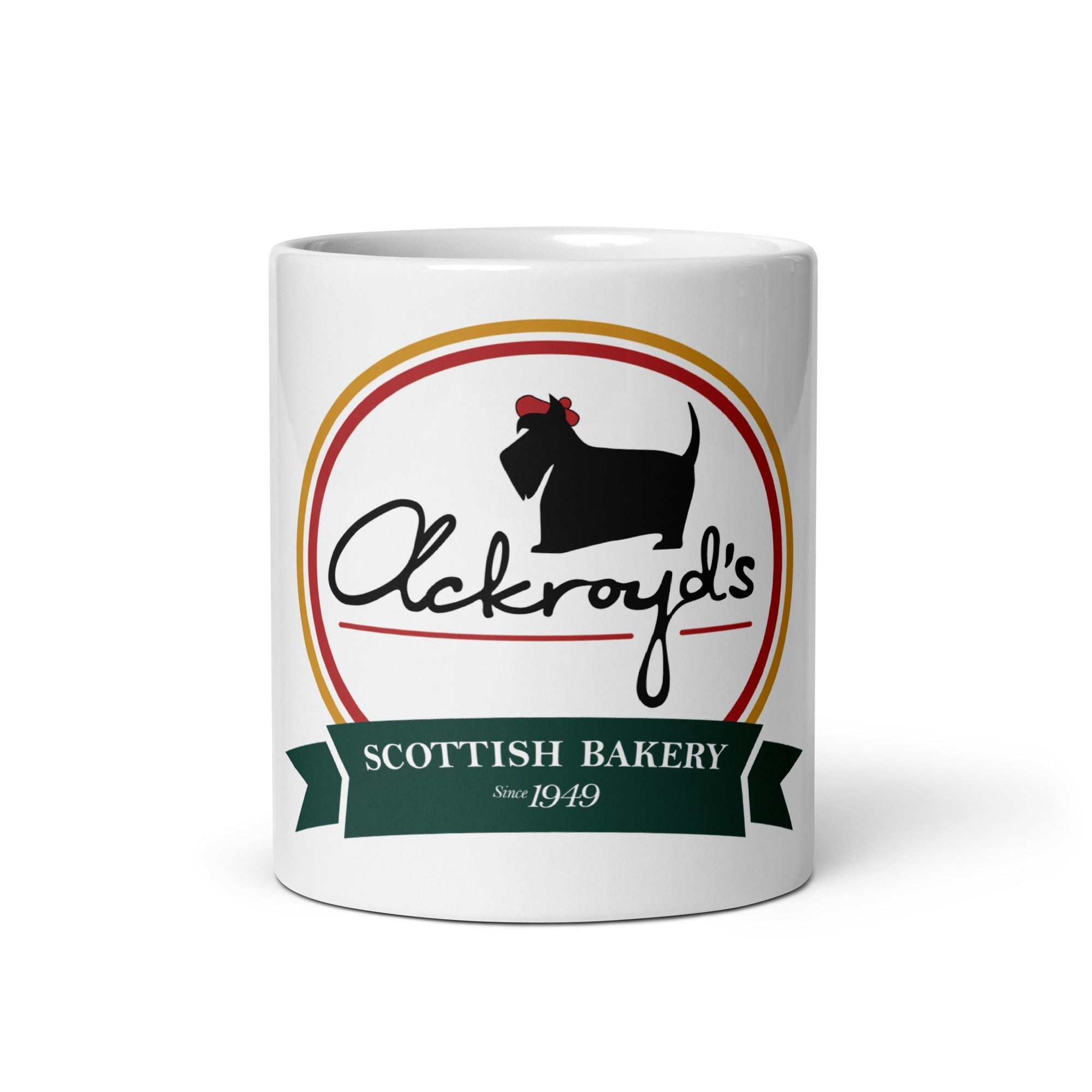 Ackroyd's Round Logo White glossy mug