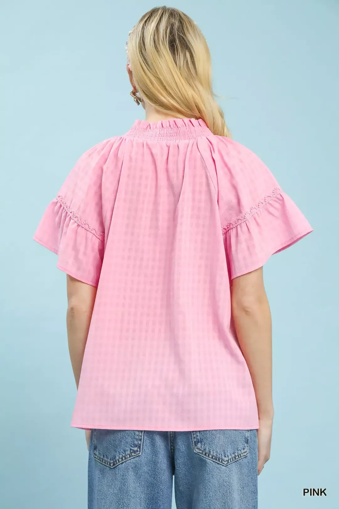 Umgee Gingham Puff Sleeve Top with Lace Trim