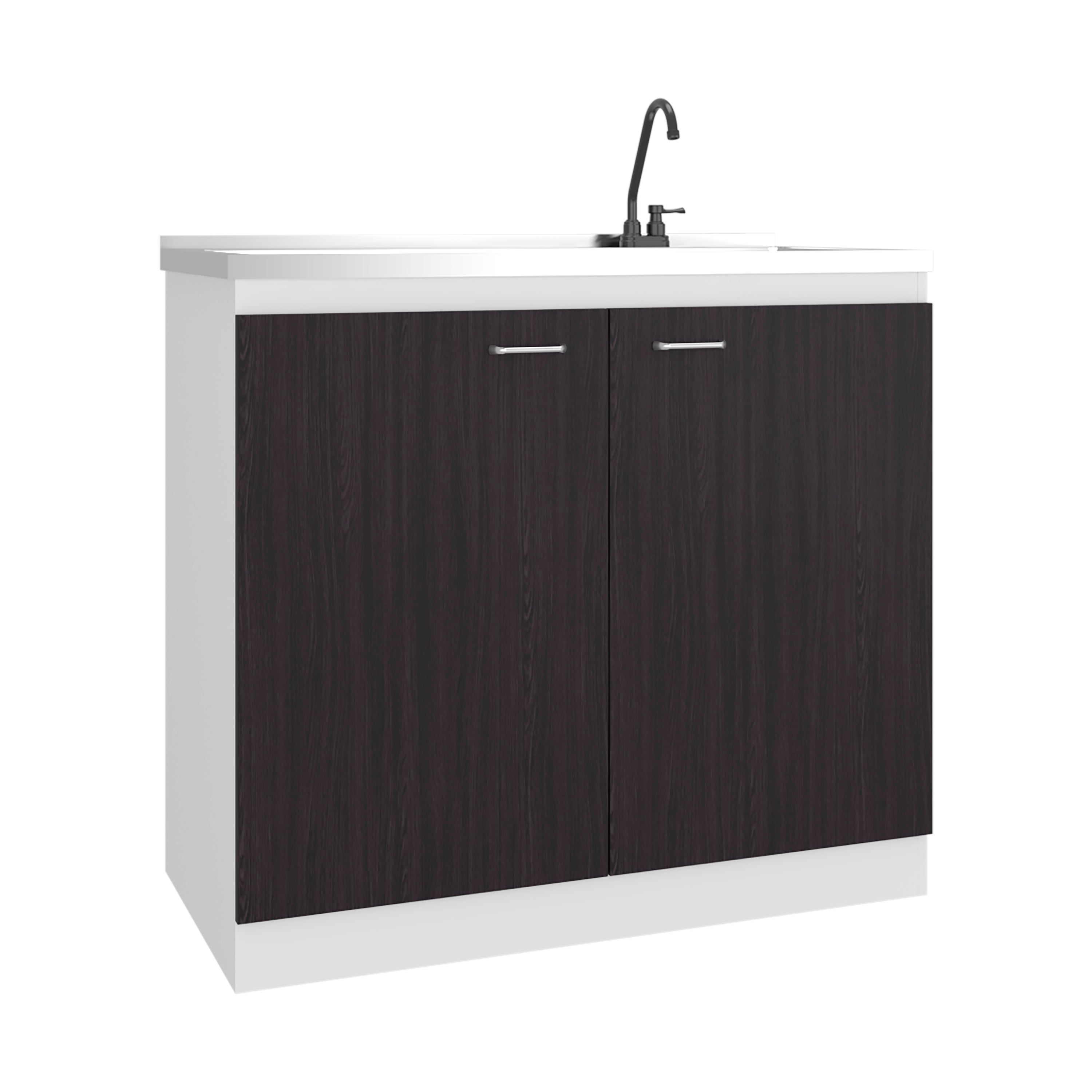Salento Freestanding Sink, Double Door Cabinet, Two Shelves, White / Black Wengue