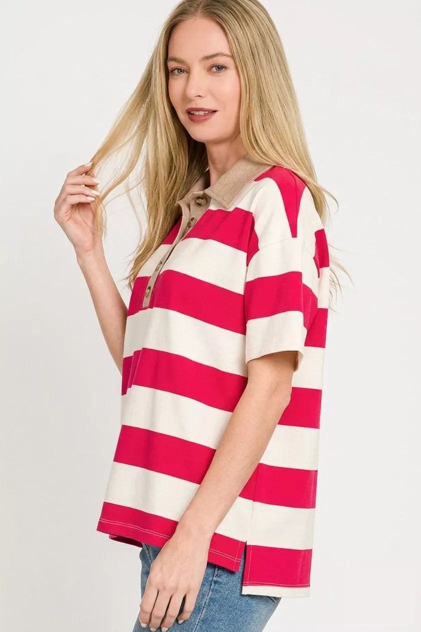Zenana Striped Collared Polo Top