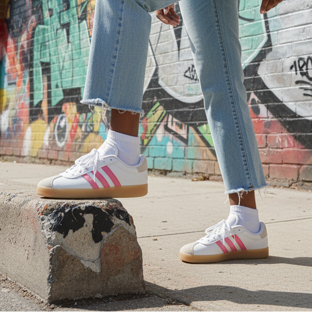 Adidas Women's Sneakers – White with Pink Stripes & Gum Sole