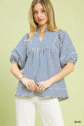 Umgee Striped Puff Sleeve Babydoll Top