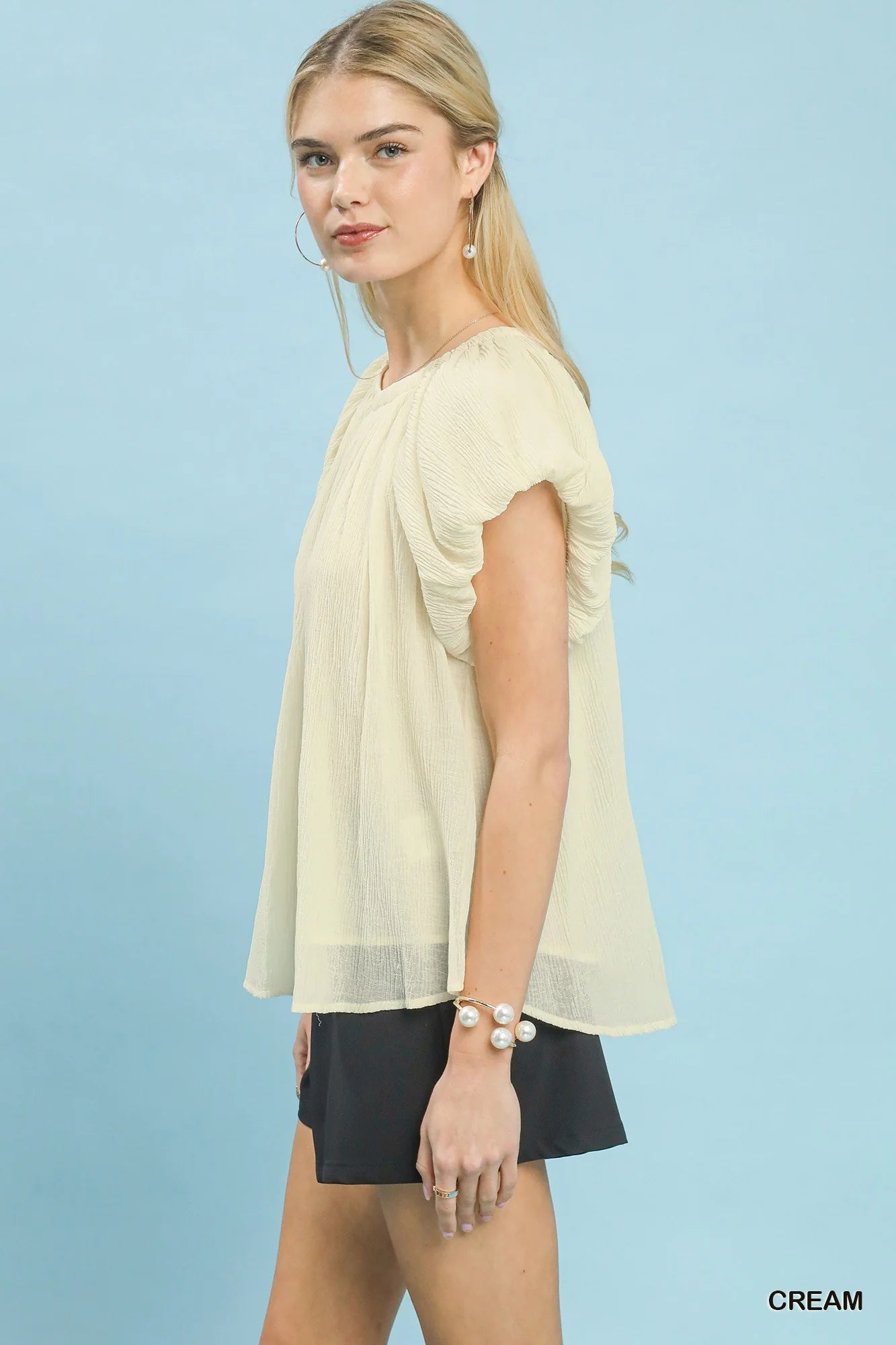 Umgee Crinkle Flutter Sleeve Peasant Top