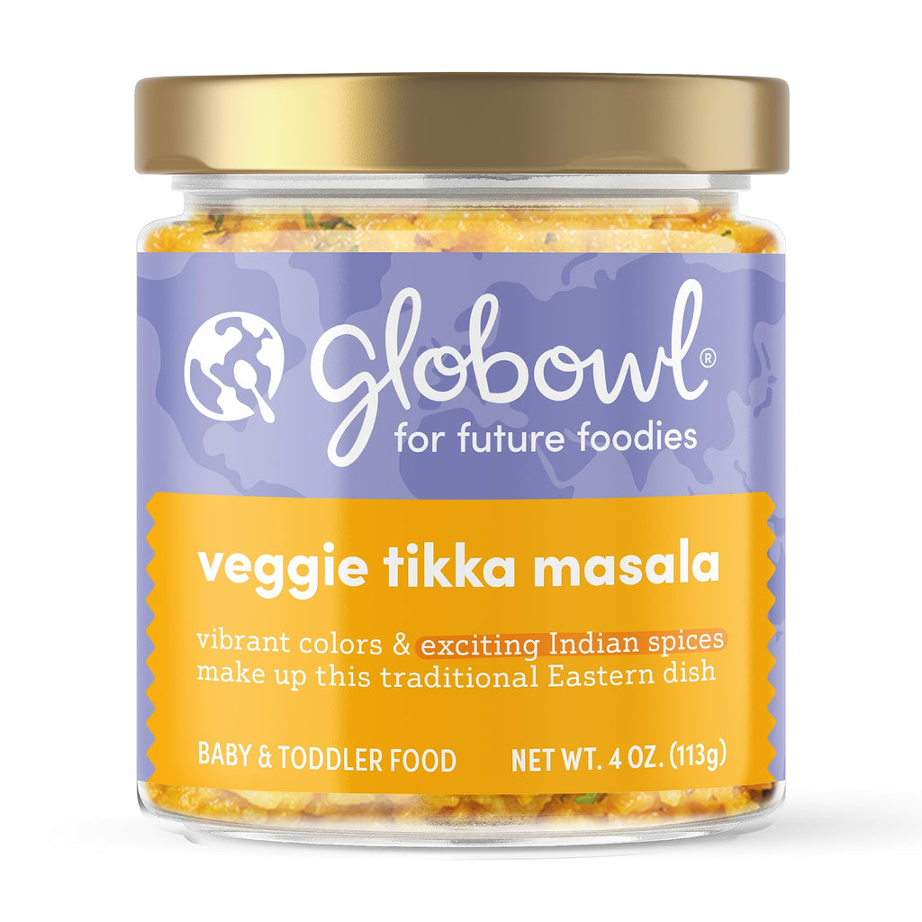 Globowl Stage 3 Baby Food & Toddler Meals 6+ Months Early Allergen Introduction Baby Led Weaning International Whole Food Snacks for Toddlers Babies 4 oz Glass Jar Veggie Tikka Masala
