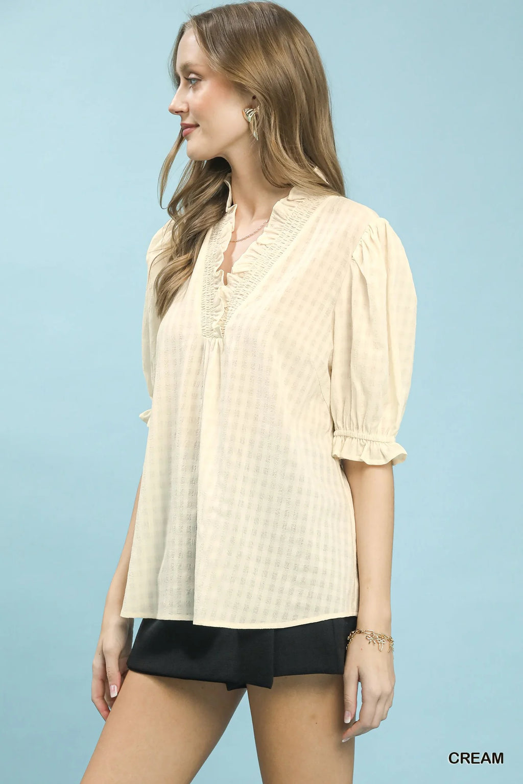 Umgee Textured Check Ruffle V-Neck Blouse