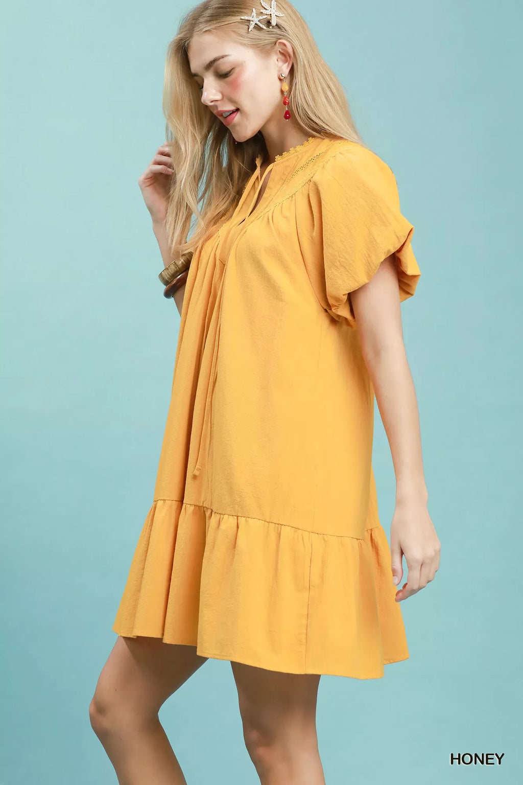 Umgee Flutter Sleeve Tassel Tie Ruffle Hem Mini Dress