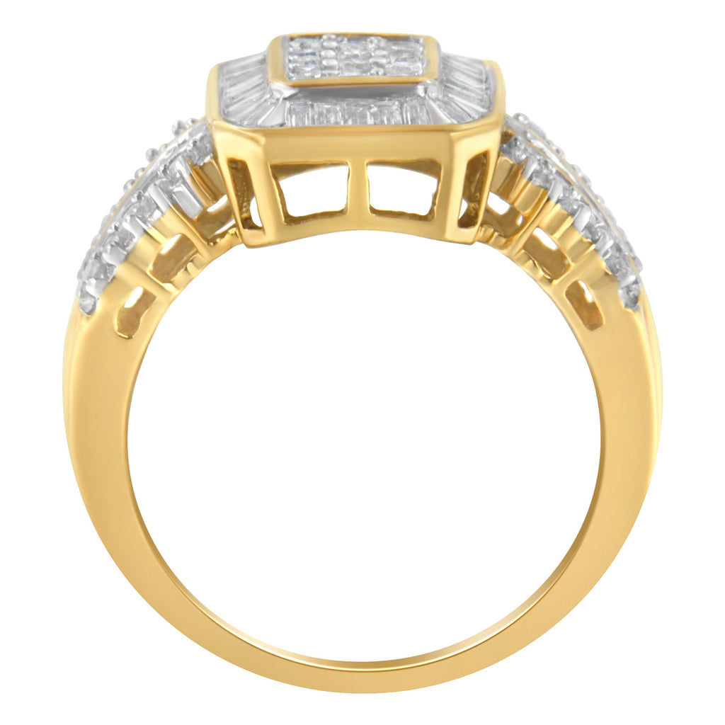 10K Yellow Gold Round and Baguette-Cut Diamond Cluster Ring (1.0 Cttw, I-J Color, SI1-SI2 Clarity) - Size 7