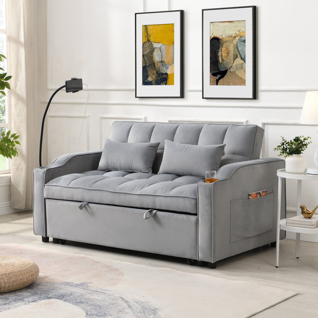 Modern Velvet Loveseat Futon Sofa Couch with Pullout Bed, Adjustable Backrest, Toss Pillows, Light Gray