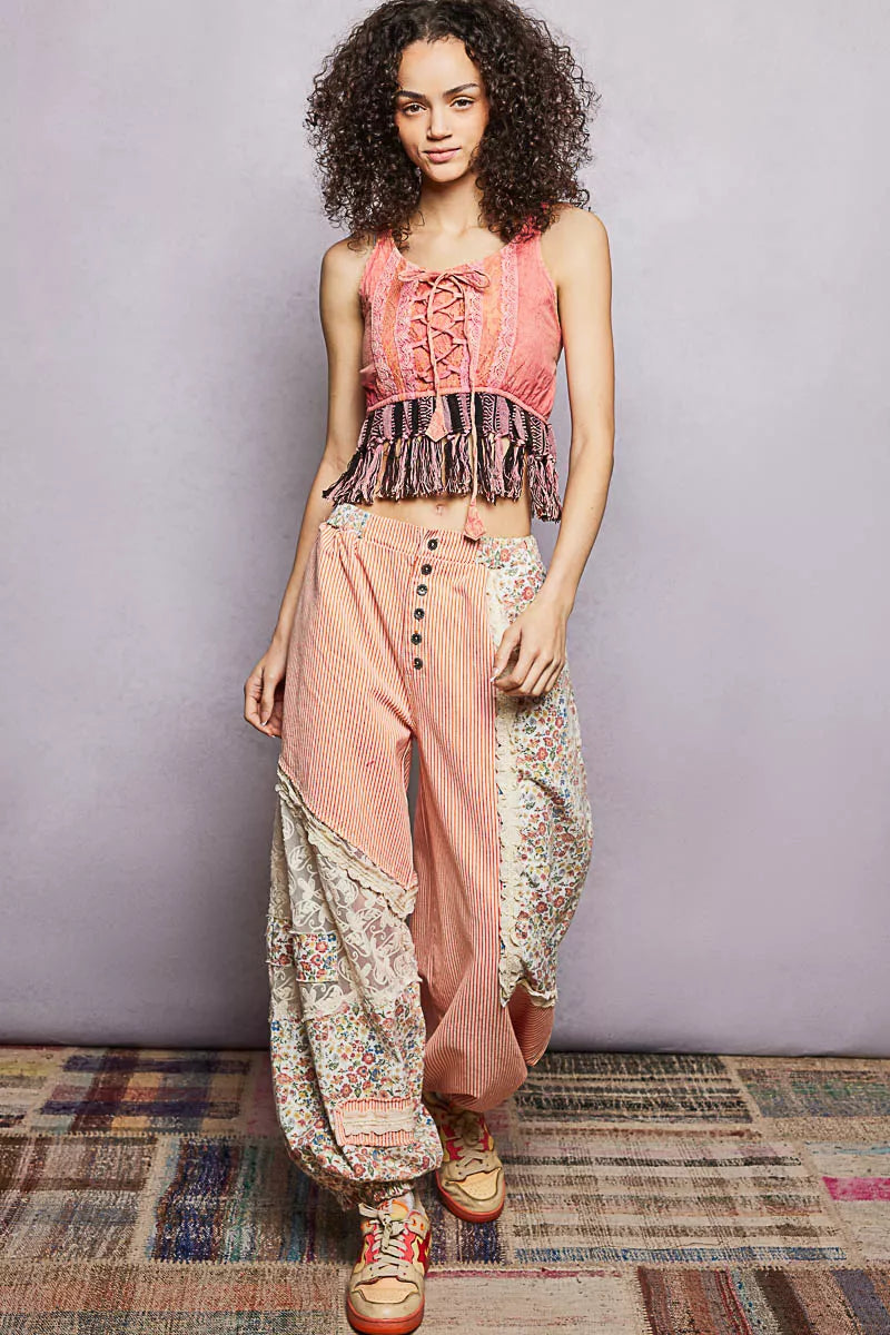 POL Lace-Up Fringe Hem Tank with Lace Detail