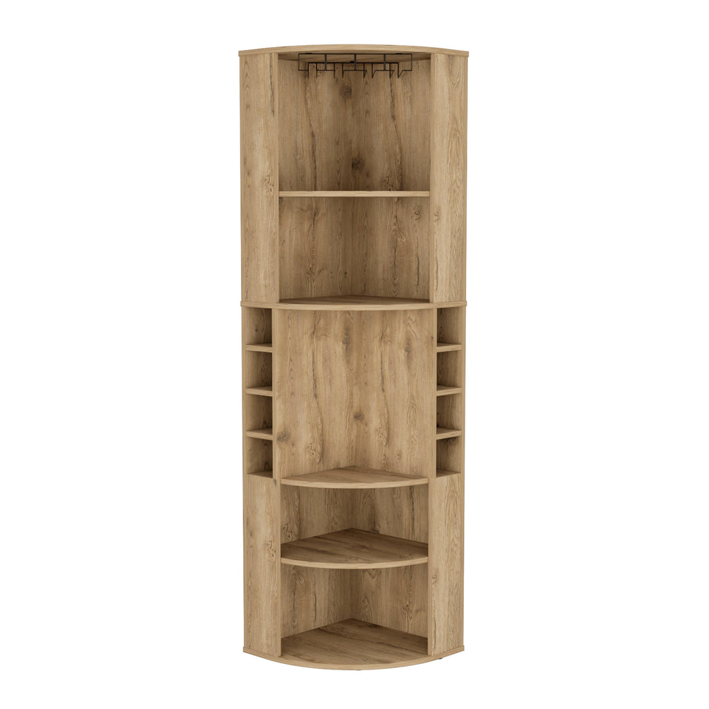 Oban Corner Bar Cabinet with Five Shelves , Eight Bottle Cubbies and Steamware Macadamia