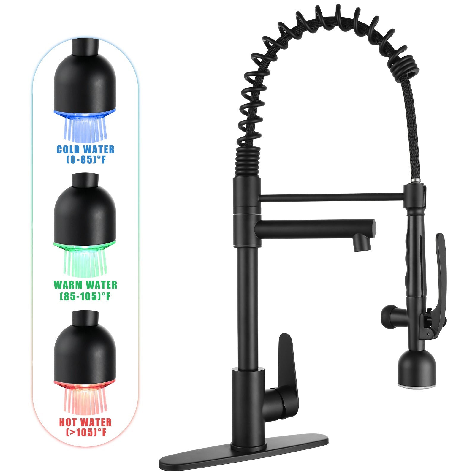 Industrial Chic Matte Black Kitchen Sink Faucet with LED Pull Down Sprayer, Single Handle High Arc Stainless Steel Faucet, Dual Spouts, Deck Mount