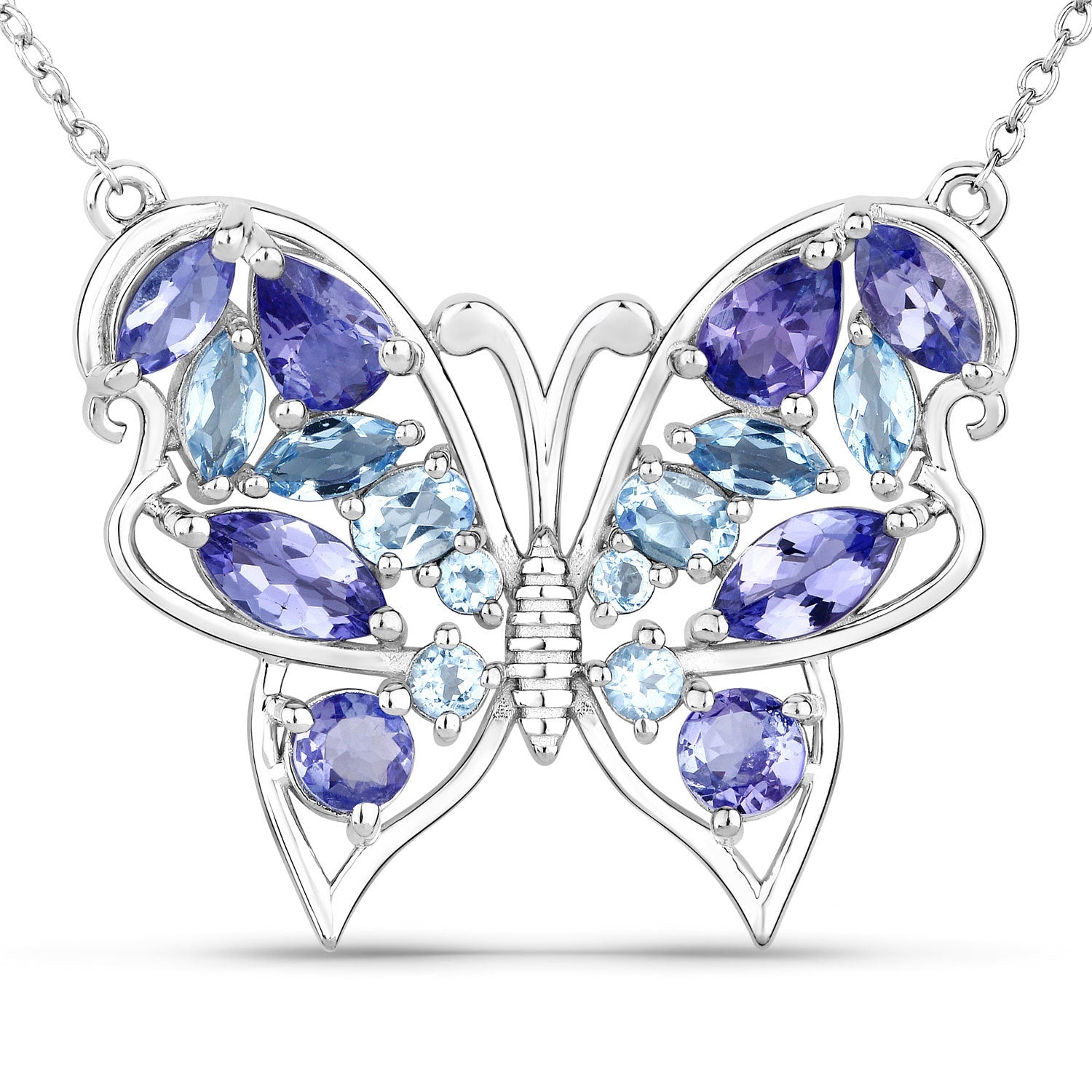 3.60 Carat Genuine Tanzanite and Swiss Blue Topaz .925 Sterling Silver Necklace