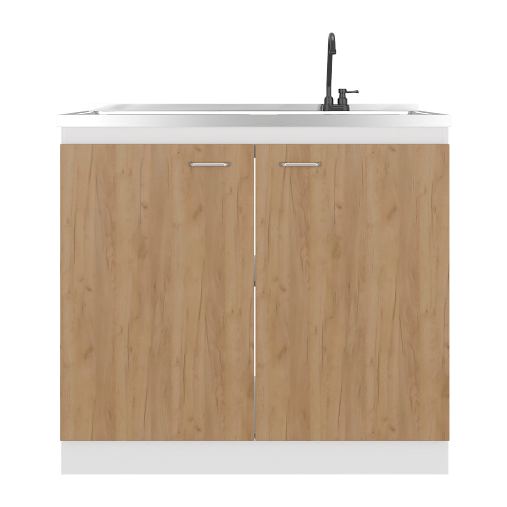 Salento Freestanding Sink, Double Door Cabinet, Two Shelves, White / Natural Oak