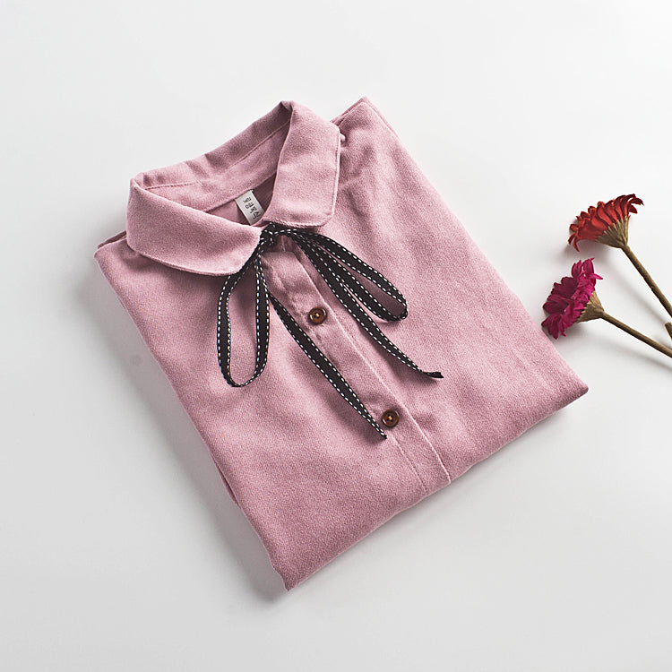 New Women's White Long Sleeve Shirt with Bow Tie