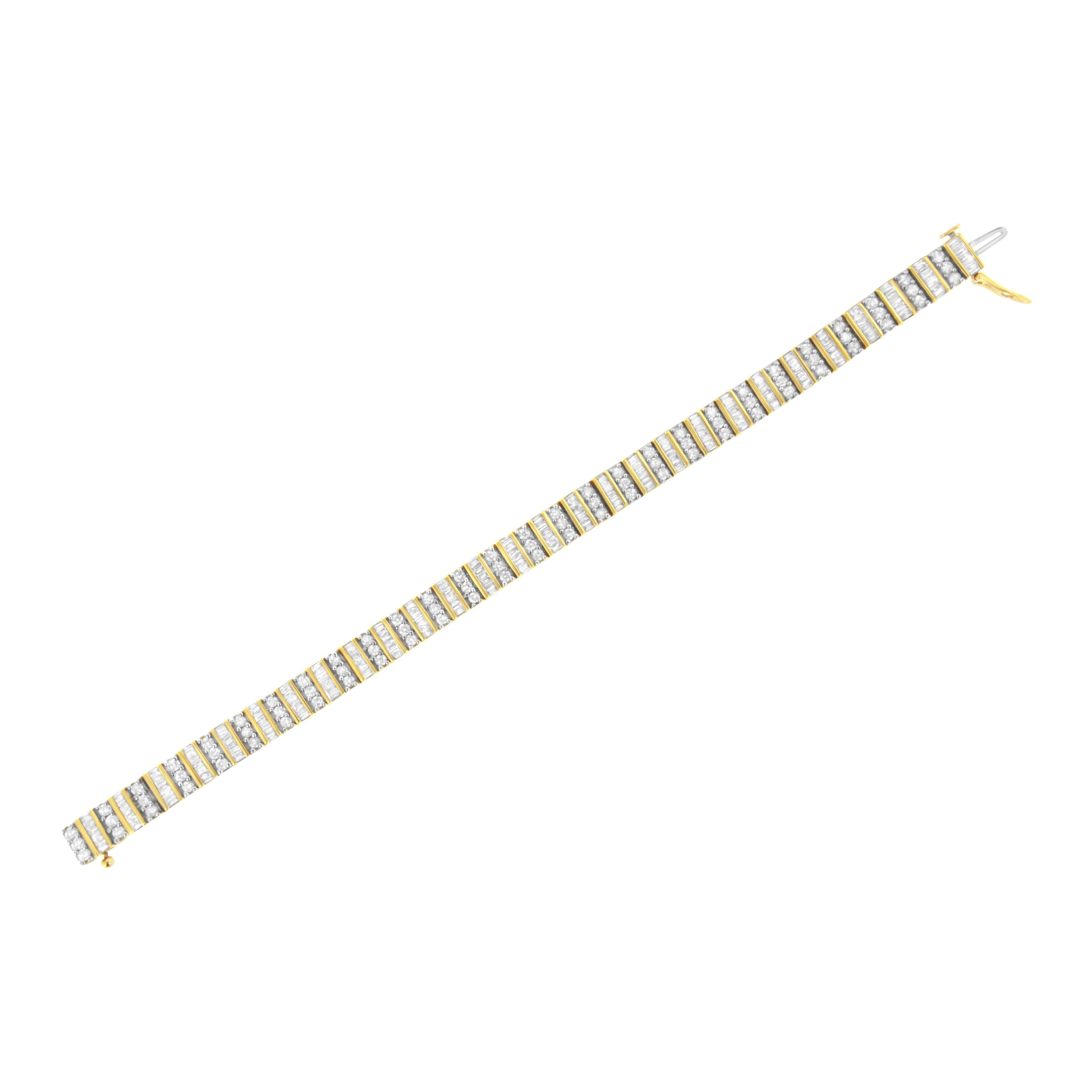 14K Yellow Gold 5.50 Cttw Round and Baguette Diamond Link Bracelet