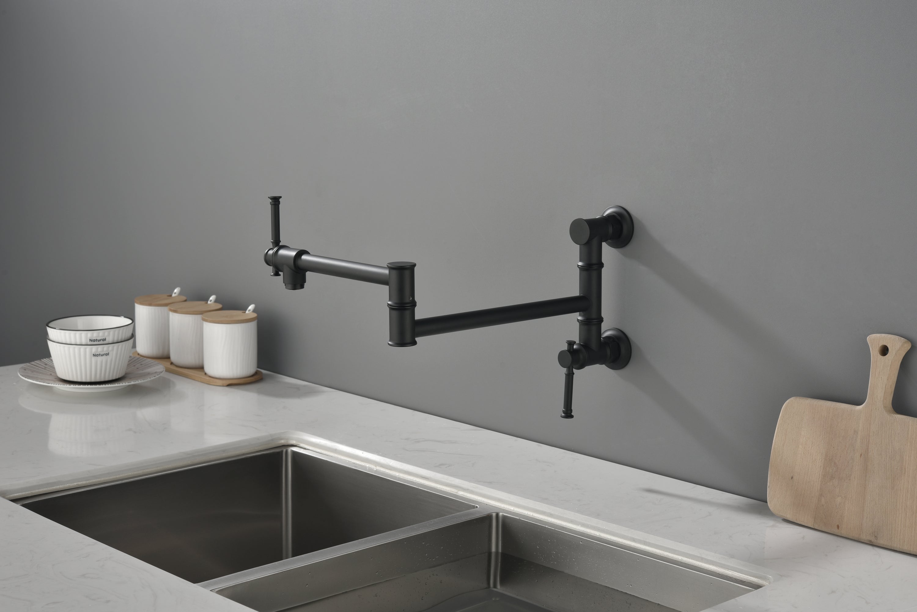 Wall mounted Pot Filler Faucet, Modern Brass Pot Filler Two-Attachment Wall Mount Folding Kitchen Pot Filler Swing Arm