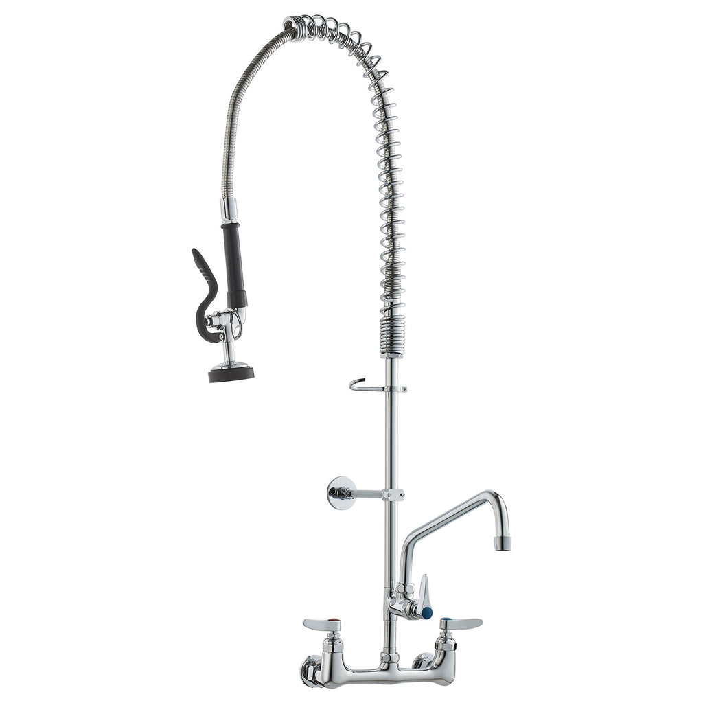 Commercial Faucet with Pre-Rinse Sprayer, 36' Height, 8' Center, 12' Swing Spout, Wall Mount Kitchen Sink Faucet, Brass Constructed Device with Pull Down Spray, for 1/2/3 Compartment Sink