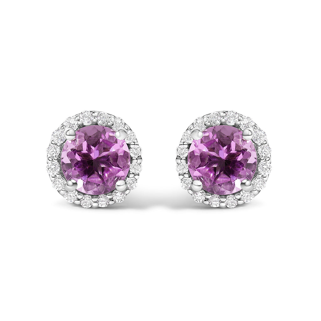 10K White Gold Purple Amethyst and 3/8 Cttw Diamond Halo Jewelry Set (Earrings, Pendant & Ring)