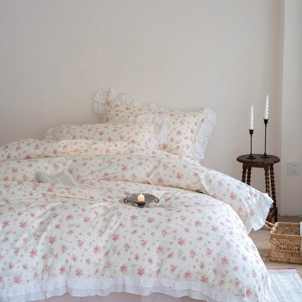 Annie Lace Ruffle Floral Bedding Set / Pink Beige