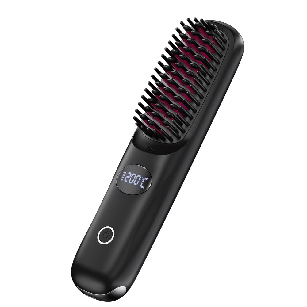 Portable Cordless Hair Straightener Mini Straightening Brush for Travel Negative Ion Hot Comb for Women Lightweight on-The-go USB Rechargeable with LED Display Anti-Scald Protection (Black)