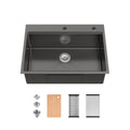 Stainless Steel Kitchen Sink, 30″x22″ Single Bowl, Overmount Handmade Sink in Black, with Cutting Board, Colander