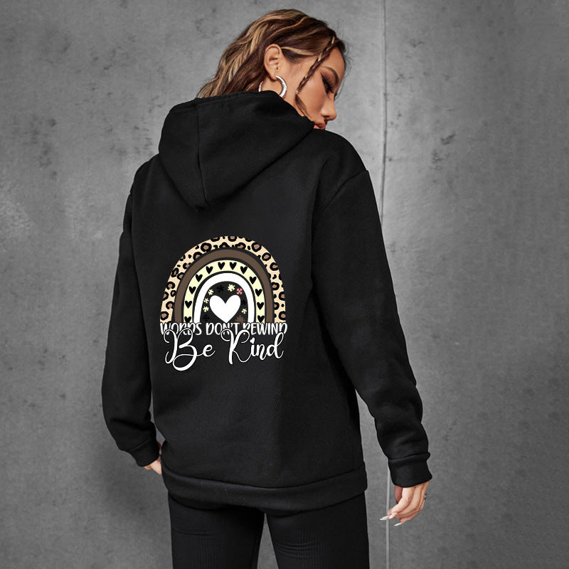 "Be Kind Letter Print Hooded Brushed Hoody for Women"