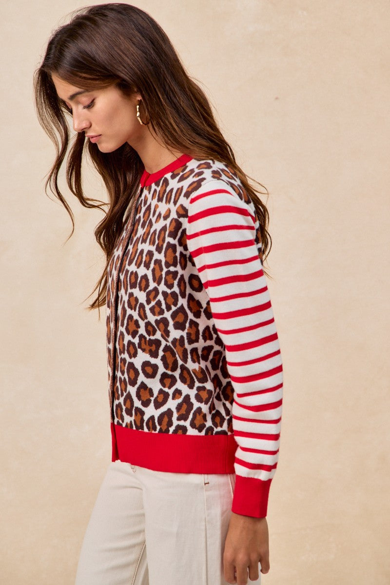 BiBi Leopard With Stripe Combo Buttoned Cardigan
