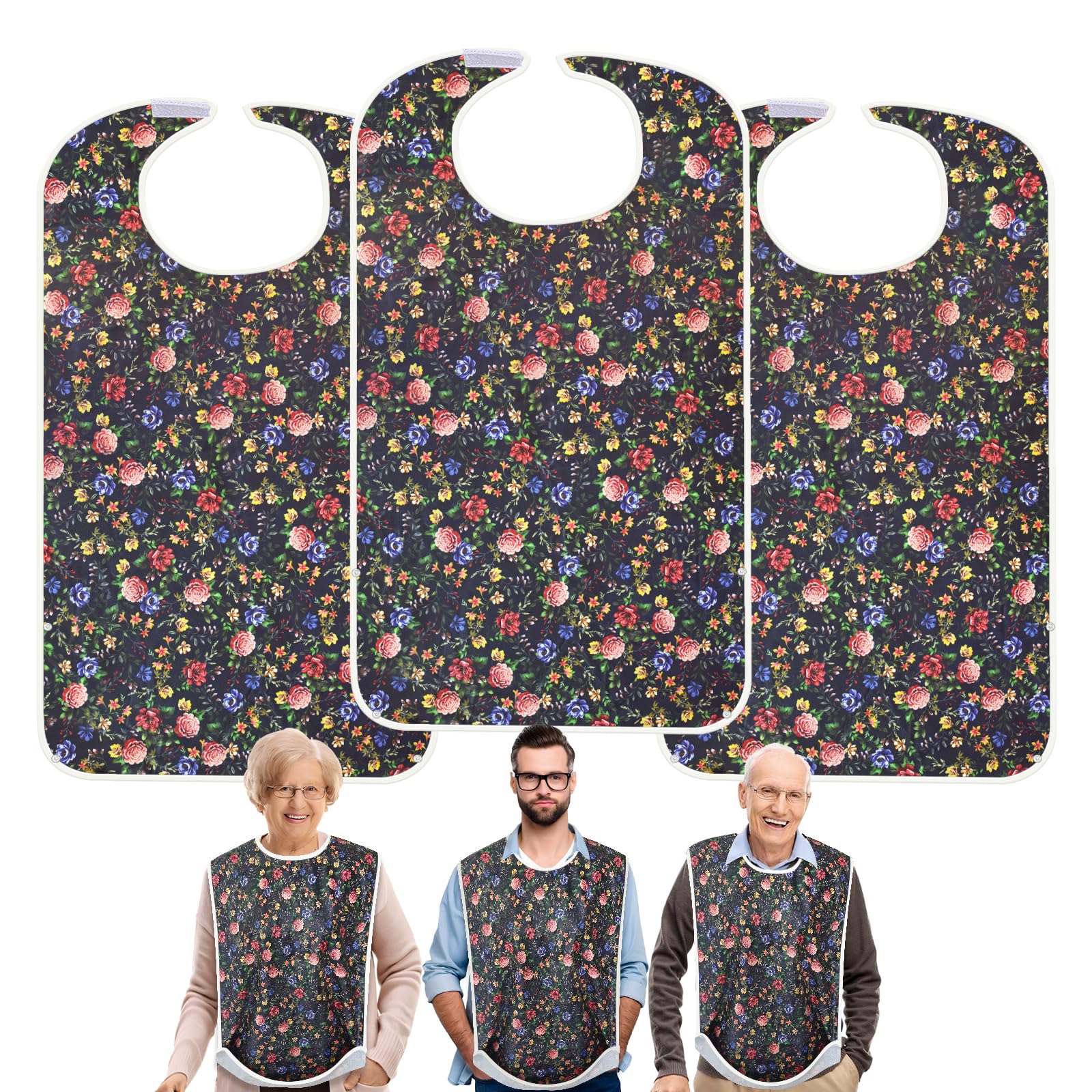 Swaycy 3 Pcs Adult Bibs for Elderly Women Washable Clothing Protector with Crumb Catcher Adult Bib for Men Women and Disabled Adjustable Waterproof Reusable (Black Flowers)