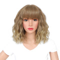 SWACC 12 Inch Short Curly Wavy Bob Wig with Bangs Synthetic Hair Wig for Women with Wig Cap (Light Brown Beige Ombre)