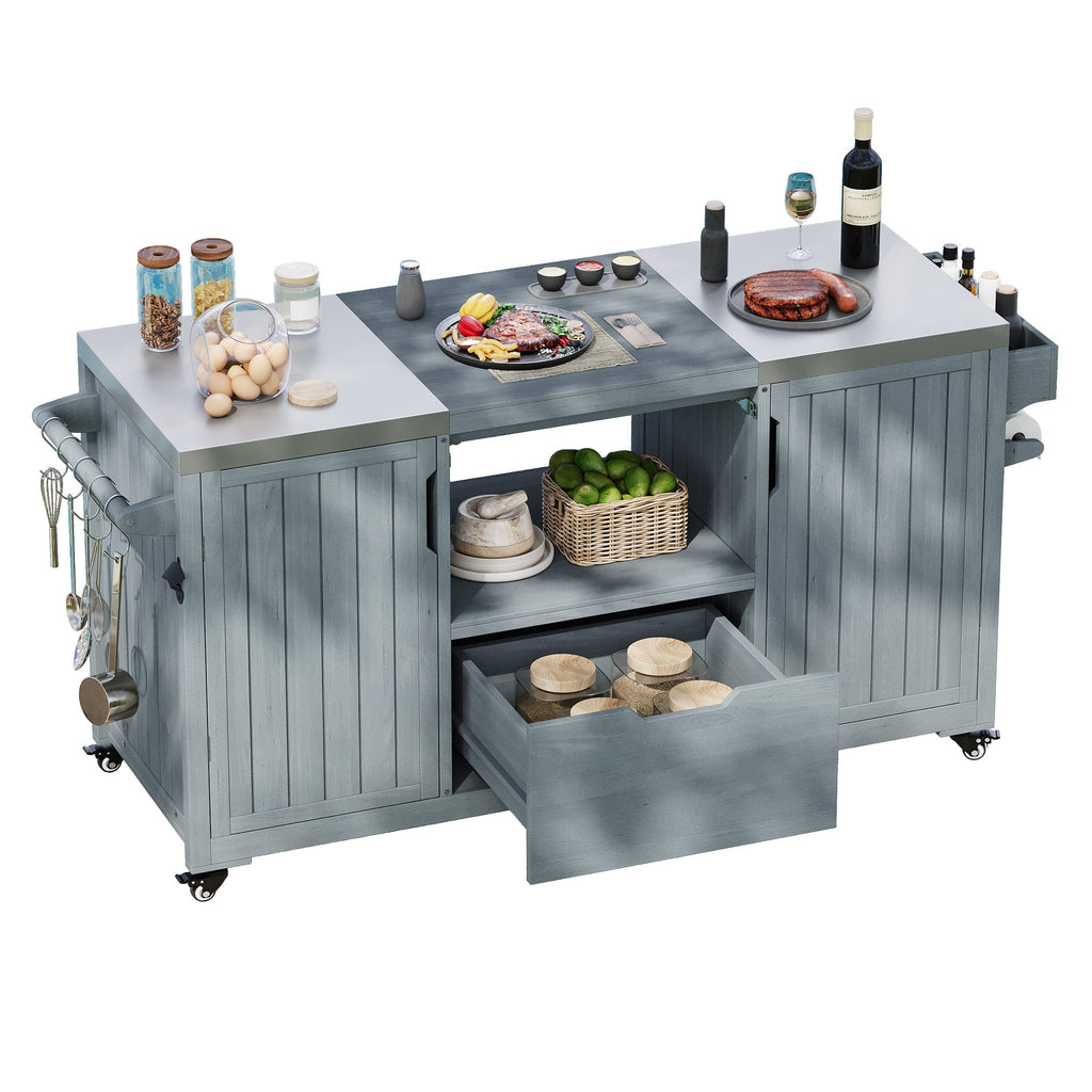 K&K 66.5' Outdoor Kitchen Island for Big Green Egg Grills, Solid Wood Outdoor Grill Cart for Tabletop Grill with Stainless Steel Top, Drawer, Compatible with Large Big Green Egg, Kamado Joe- Grey Blue