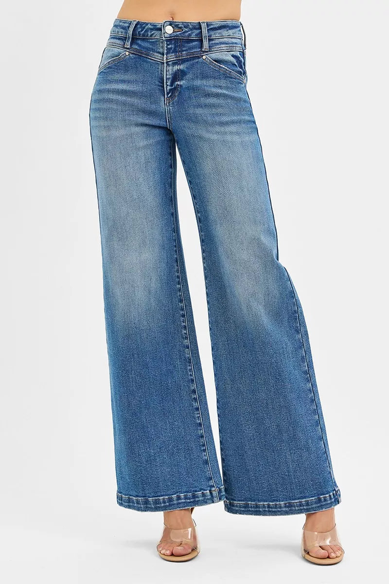 RISEN High Rise Wide Leg Jeans with Front Yoke and Heart Back Pocket