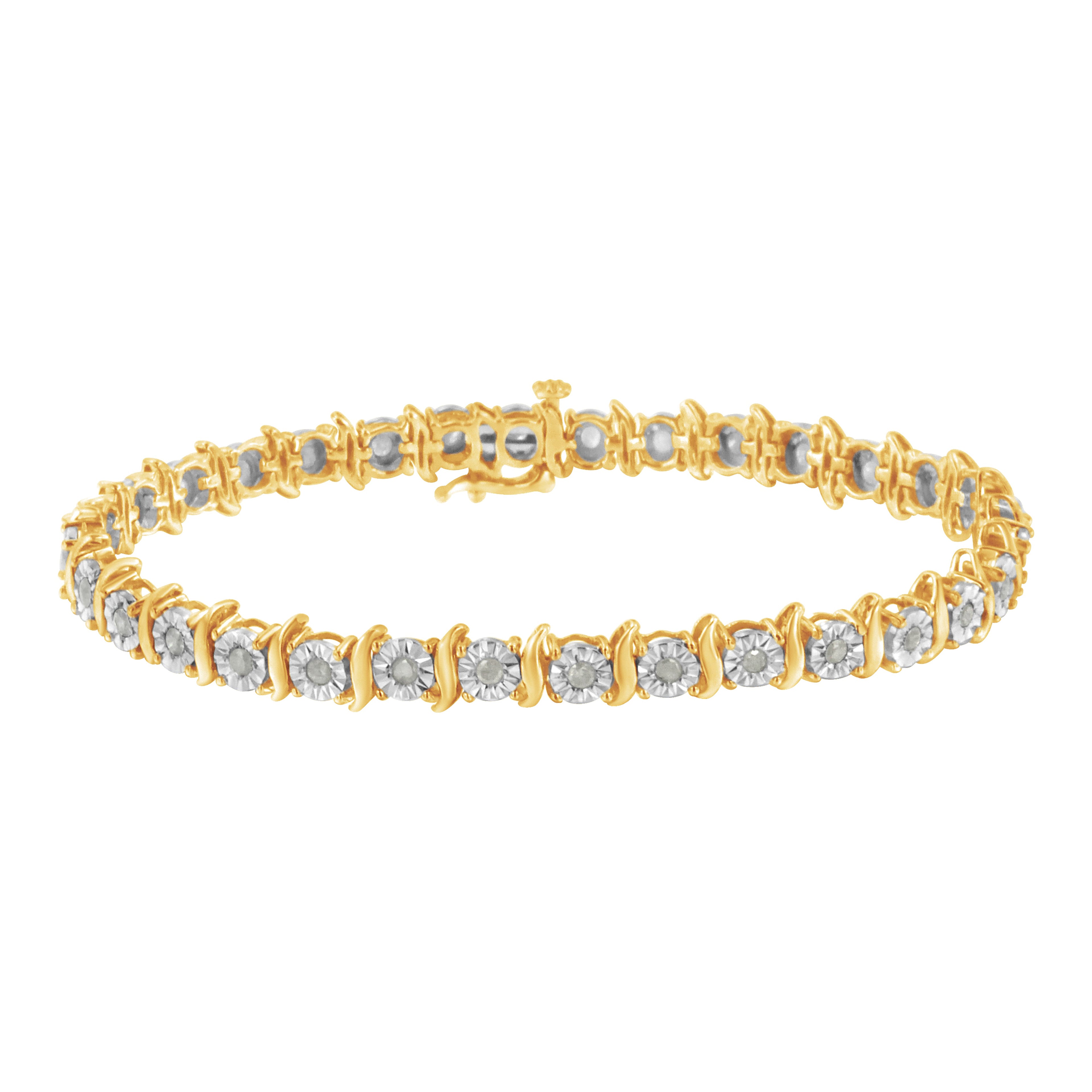 Two-Tone 10K Yellow Gold over .925 Sterling Silver 1.0 Cttw Diamond S-Curve Link Miracle-Set Tennis Bracelet (I-J Color, I3 Clarity) - 7"