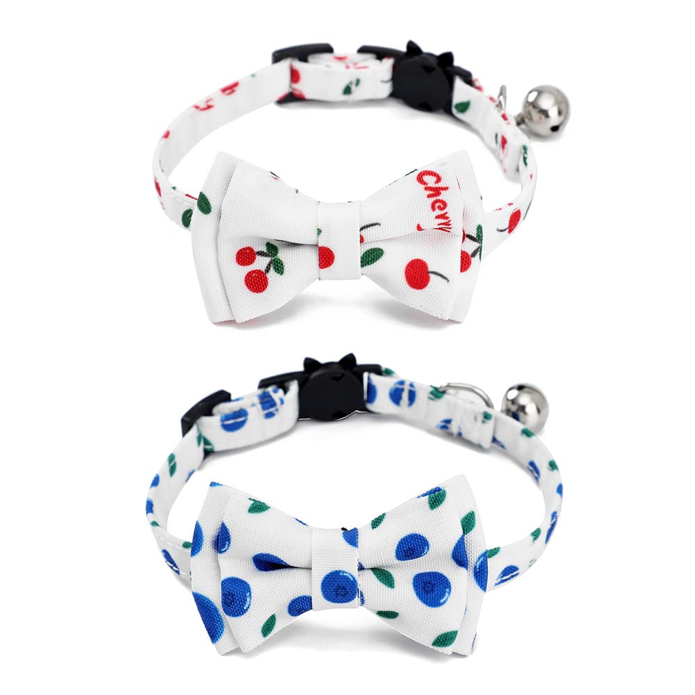Bnibol 2-Pack Breakaway Cat Collars with Removable Double-Layer Bow Tie and Bell for Boy and Girl Cats Safety Kitten Collars Suitable for Festivals and Daily. (Cherry&Blueberry)